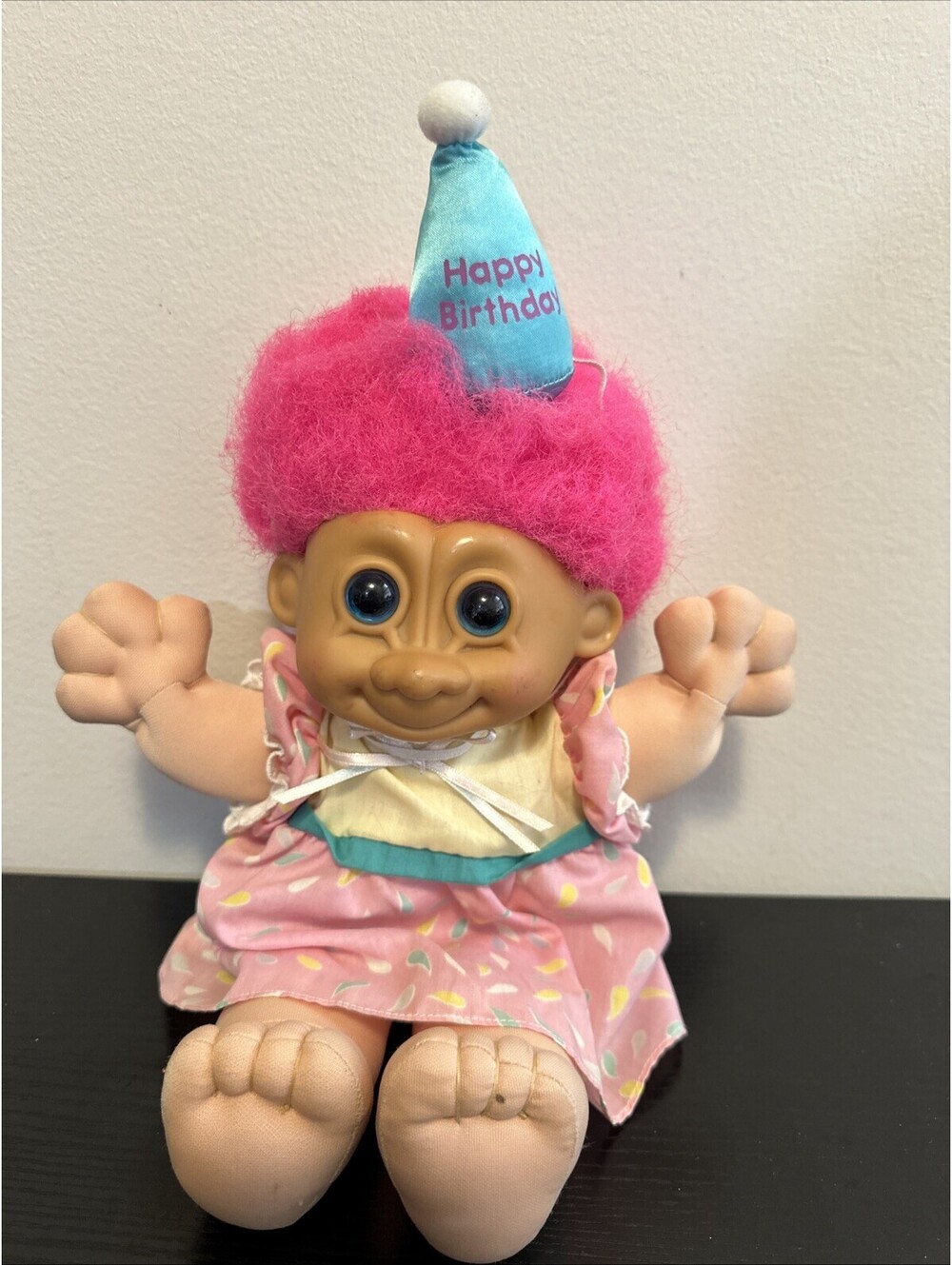 Vintage Russ Berrie Troll Doll Pink Hair Birthday Outfit Plush Body Plastic Face